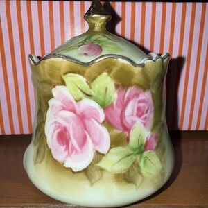 Lefton Heritage Rose Green Jam/Jelly Jar & Lid